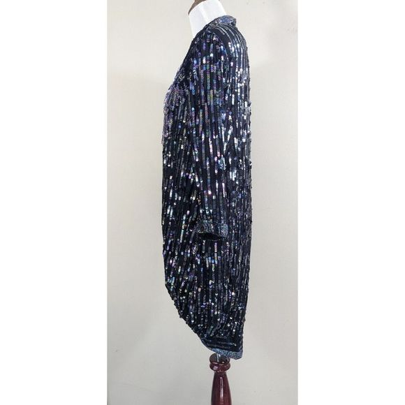 Oilslick rainbow Sequined Beaded long Silk Black Goddess Cardigan Jacket Vintage - Picture 8 of 16